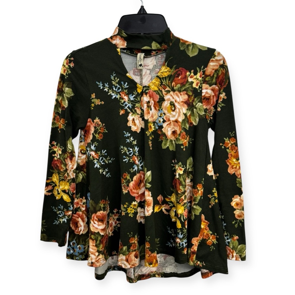 Pomelo Dark Green Floral V-Neck Tunic Size S